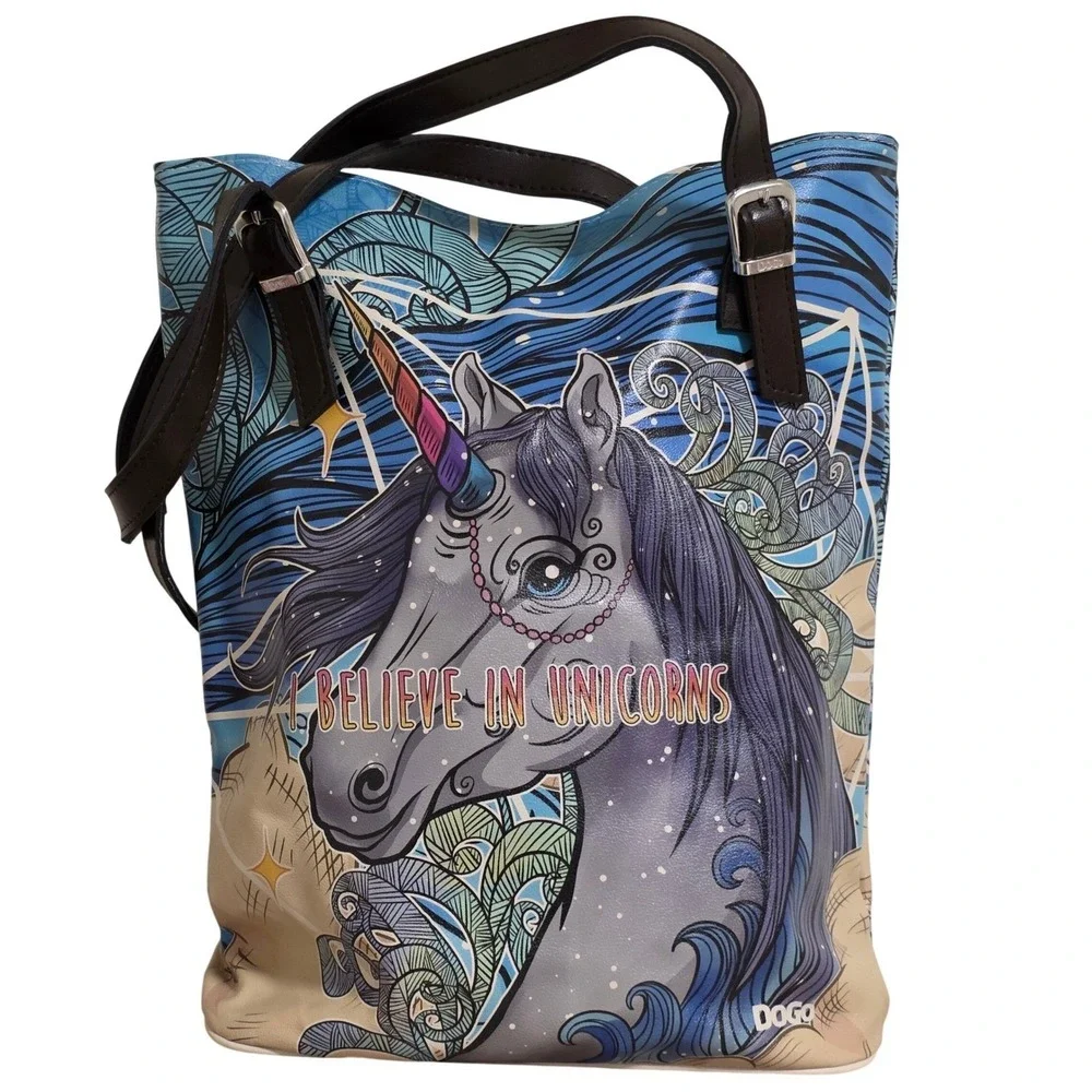 DOGO I Believe in Unicorns Tote Bag Womens Large Multicolor Vegan Leather Art